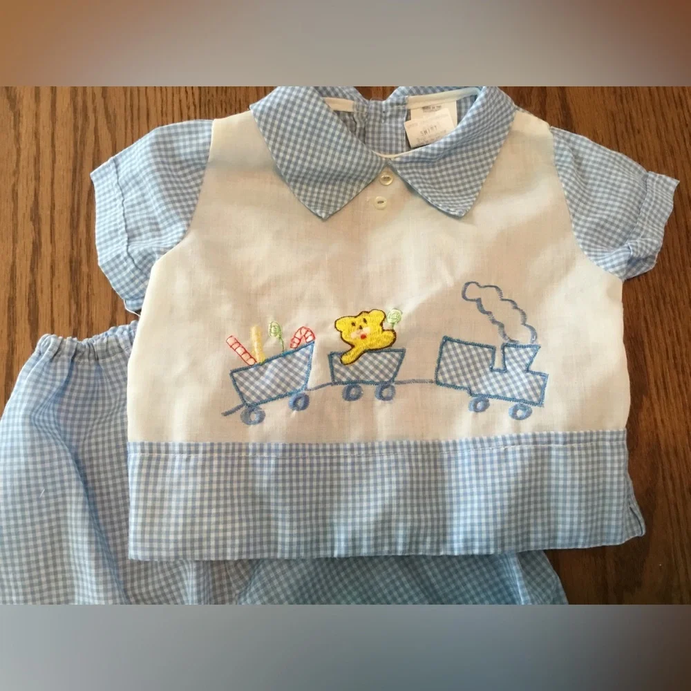 Vintage Blue Gingham Baby Boy Two Piece Set, size 3-6 months.